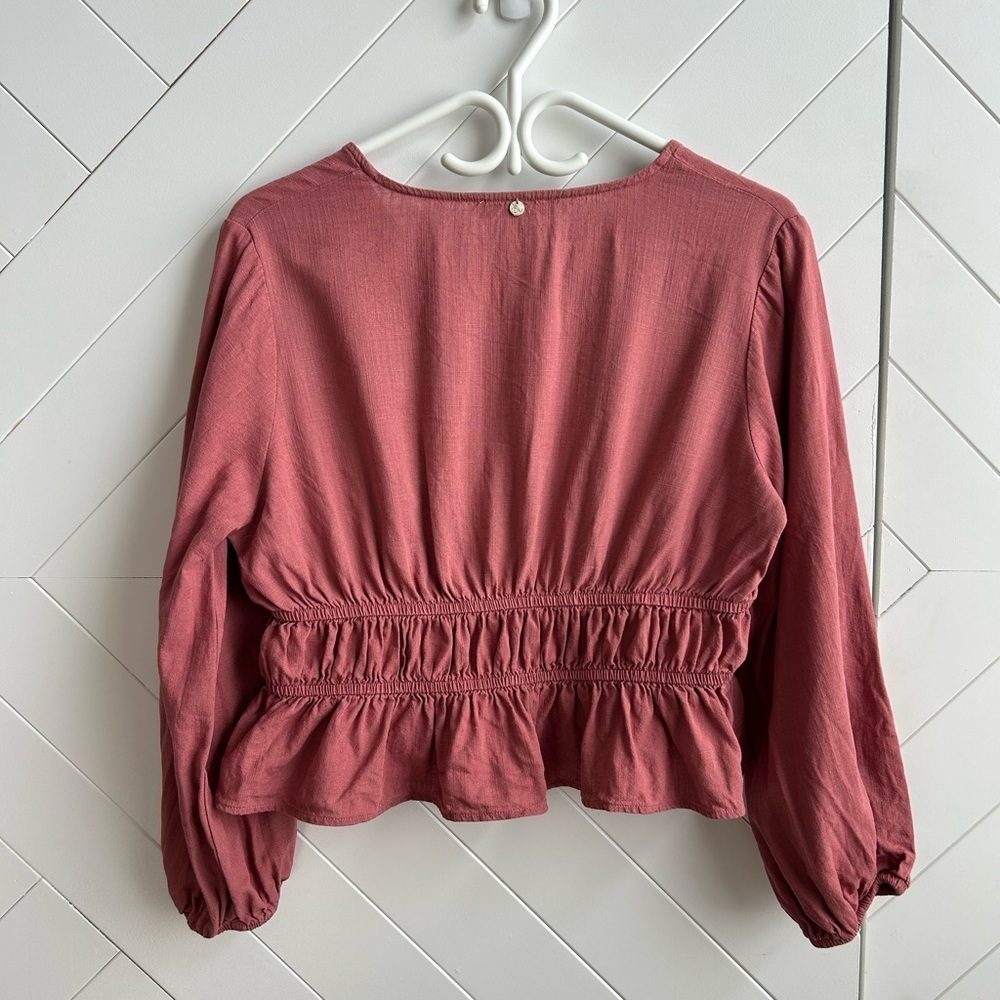 $10 item! Dusty Rose Puff Sleeve tie front linen blend Women's Top size 12P - Picture 5 of 8